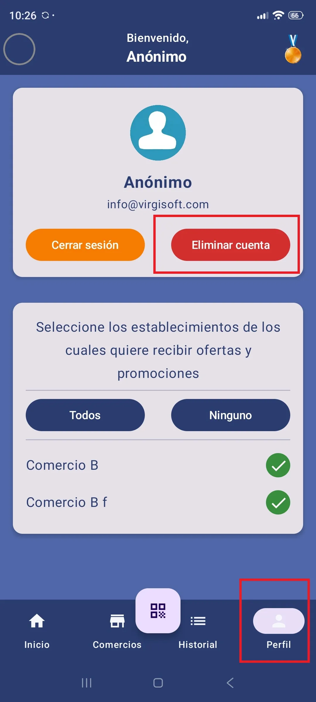 Pantalla de la app ACGeneric mostrando la tarjeta de puntos digital del socio