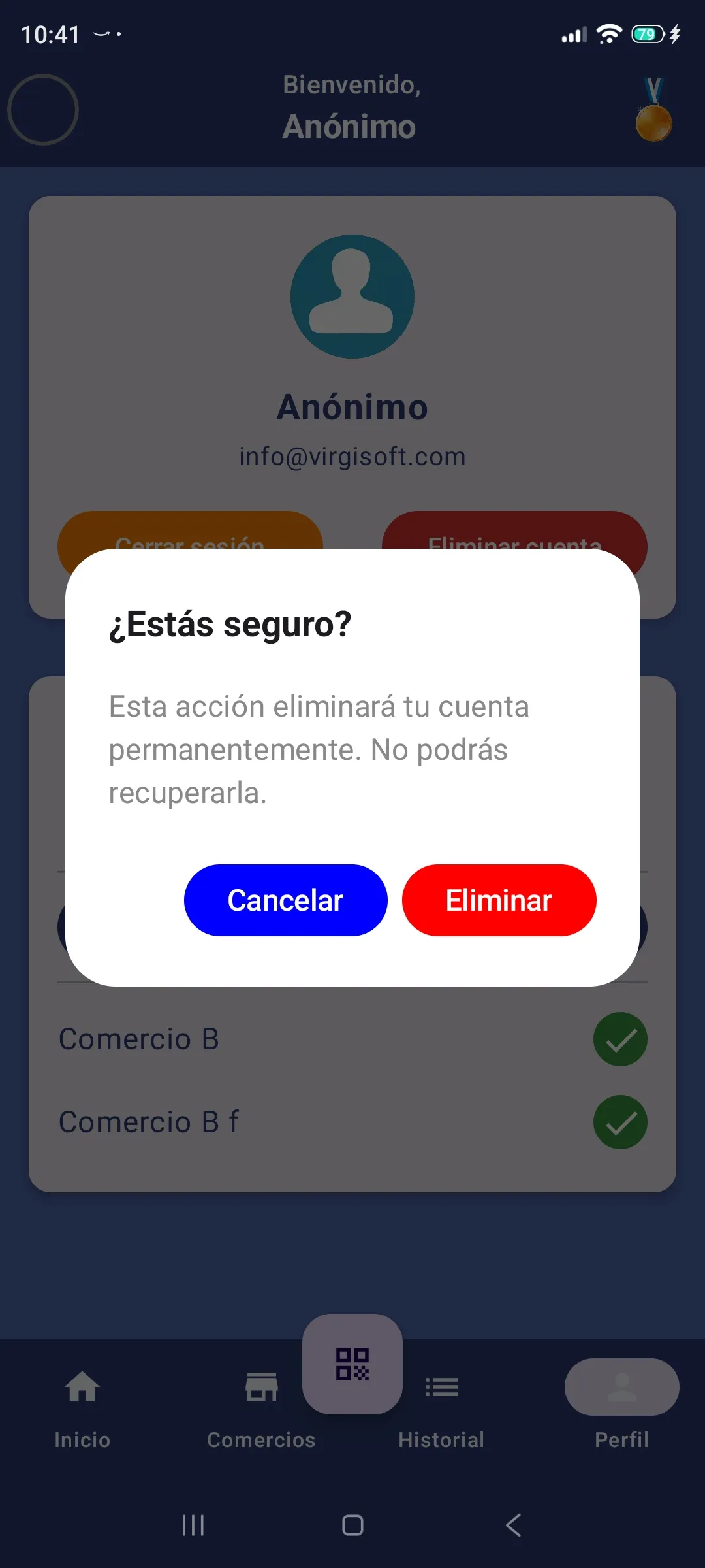 Diálogo de confirmación para eliminar cuenta